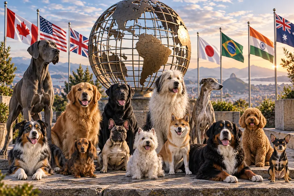 Diverse dog breeds gather beneath a giant globe and international flags, representing dog populations and cultures around the world.