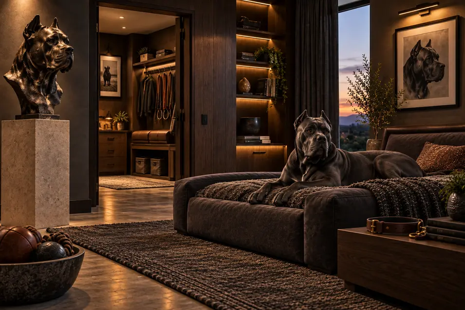 A dramatic luxury dog room with dark wood, rich leather, illuminated shelving, bold canine art and a powerful Cane Corso relaxing on the bed.