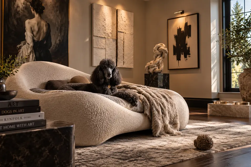 A sophisticated modern dog room with sculptural furniture, bold contemporary art, warm neutral tones and an elegant black Poodle lounging on the bed.