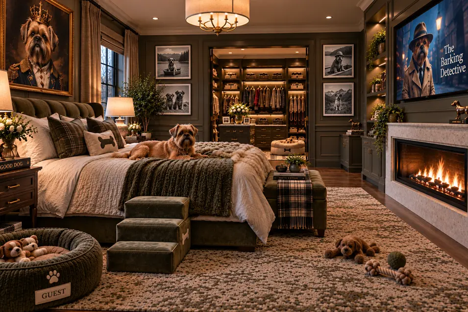 A luxurious dog-owned bedroom with a grand bed, walk-in wardrobe, fireplace, detective show on TV and playful pet details.