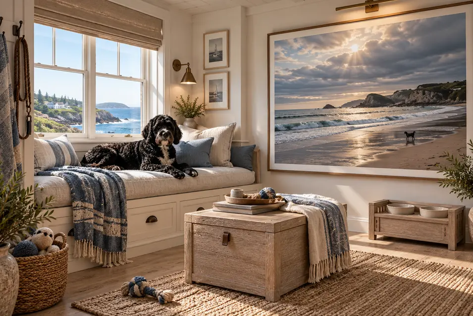 A serene coastal dog room with ocean views, blue-and-white textiles, a cozy window seat and a Portuguese Water Dog beneath dramatic beach photography.