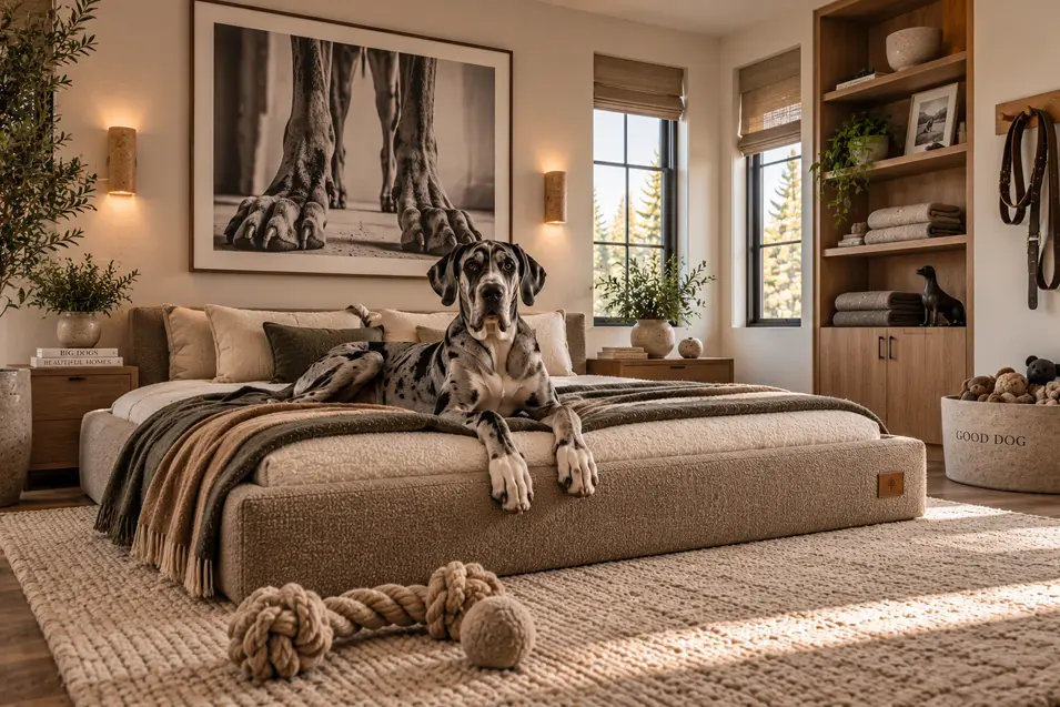 A sophisticated dog bedroom with warm natural wood, layered neutral textiles, custom pet storage and a Great Dane lounging beneath dramatic canine photography.