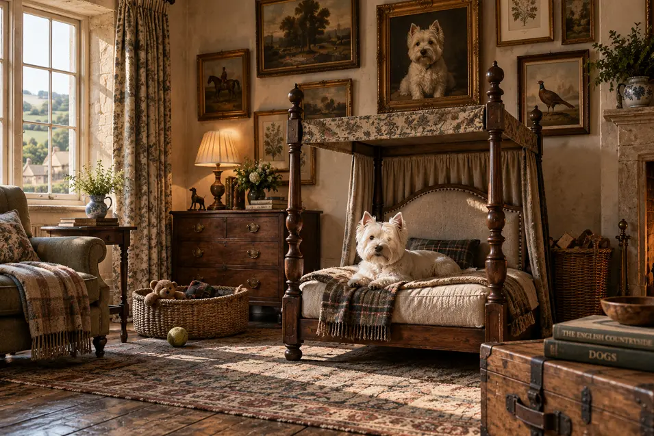 A charming English country bedroom with antique furnishings, layered textiles, pastoral artwork and a Westie relaxing on a traditional four-poster bed.
