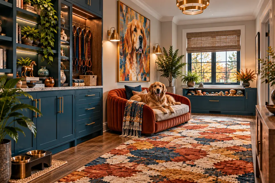 A stylish dog lounge with deep blue cabinetry, bold abstract art, colourful textiles, organized pet storage and a Golden Retriever on a velvet sofa.