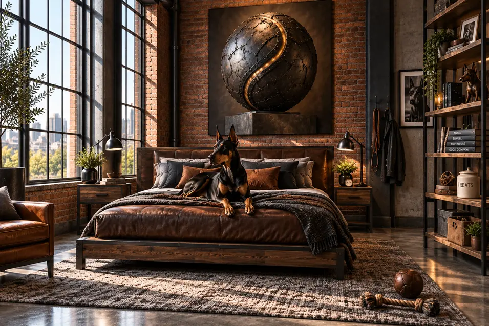An industrial loft bedroom with exposed brick, leather furnishings, dramatic metal artwork and a sleek Doberman relaxing on the bed.