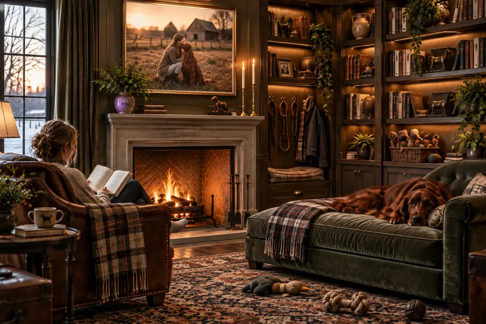 A cozy shared reading room with a glowing fireplace, dark built-in library, rich traditional furnishings, a woman reading and her dog relaxing nearby.