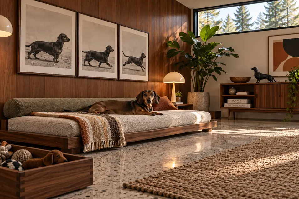 A stylish mid-century modern dog room with rich walnut, retro furnishings, warm textiles and a Dachshund lounging beneath playful canine photography.