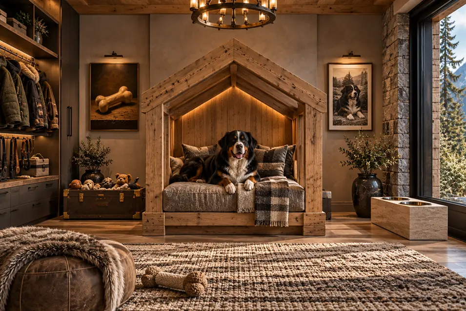 A luxurious mountain-inspired dog room with a chalet-style bed, warm timber finishes, alpine views and a Bernese Mountain Dog lounging comfortab