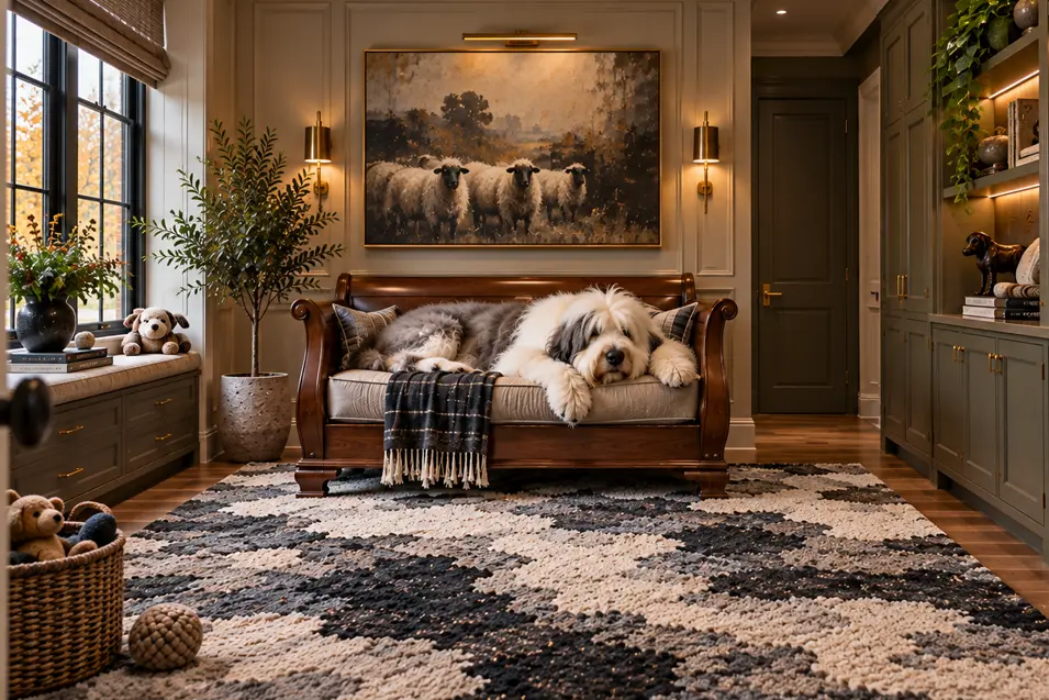 An elegant dog lounge with custom cabinetry, warm lighting, traditional furnishings, sheep artwork and an Old English Sheepdog resting on the sofa.