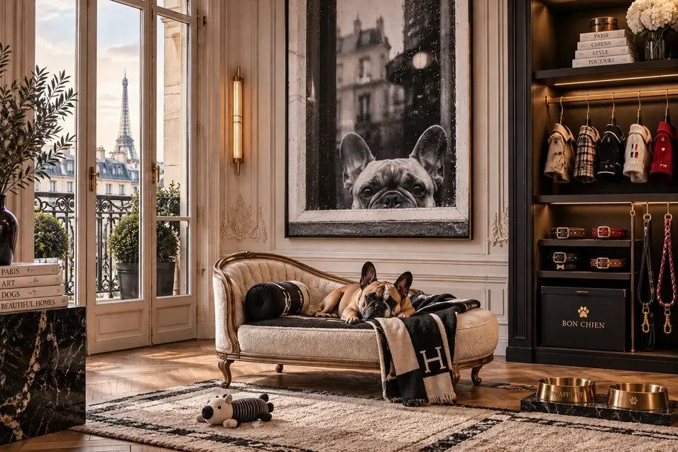 A chic Parisian dog room with a French Bulldog on a petite settee, couture-inspired accessories, dramatic photography and an Eiffel Tower view.