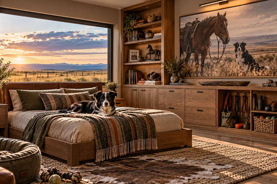 A warm Western-inspired dog bedroom with prairie views, rustic wood furnishings, equestrian details and a Border Collie relaxing on the bed.