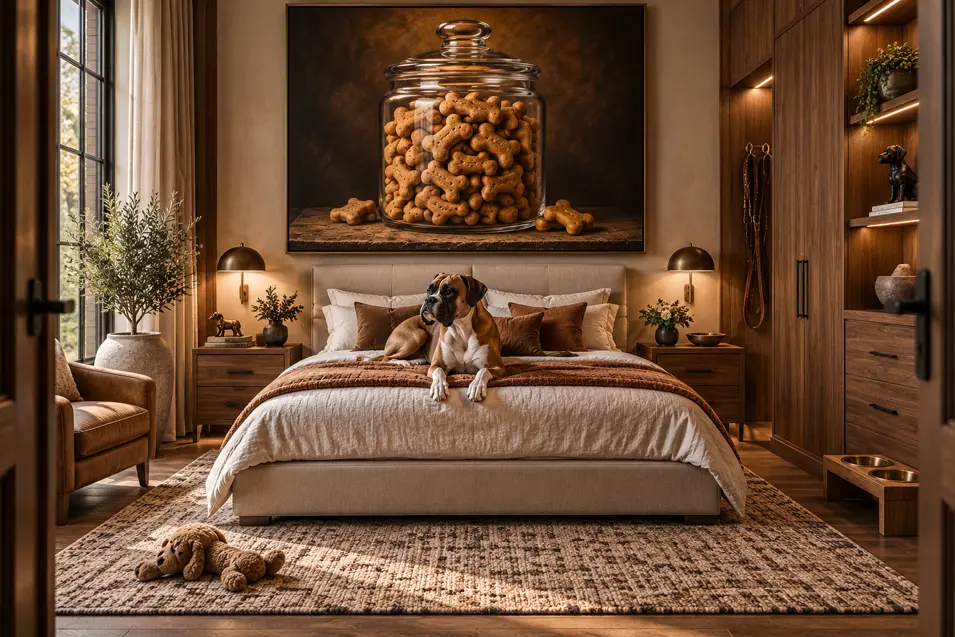 A warm, luxurious dog bedroom with rich walnut cabinetry, layered neutral bedding, a relaxed Boxer and oversized dog-biscuit artwork.