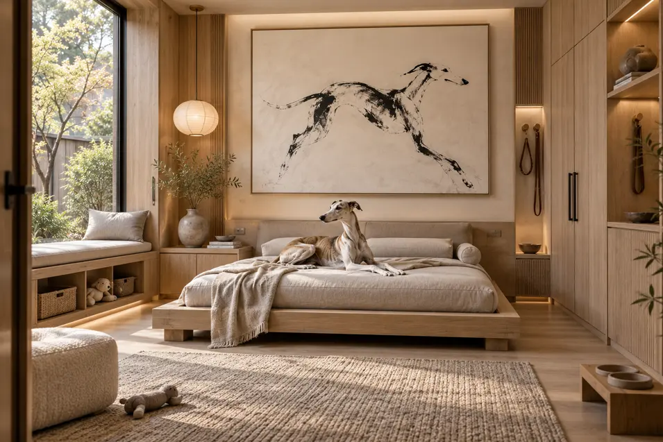 A serene Japandi-inspired dog bedroom with pale oak, soft neutral linens, warm sunlight and a Whippet relaxing beneath striking canine artwork.