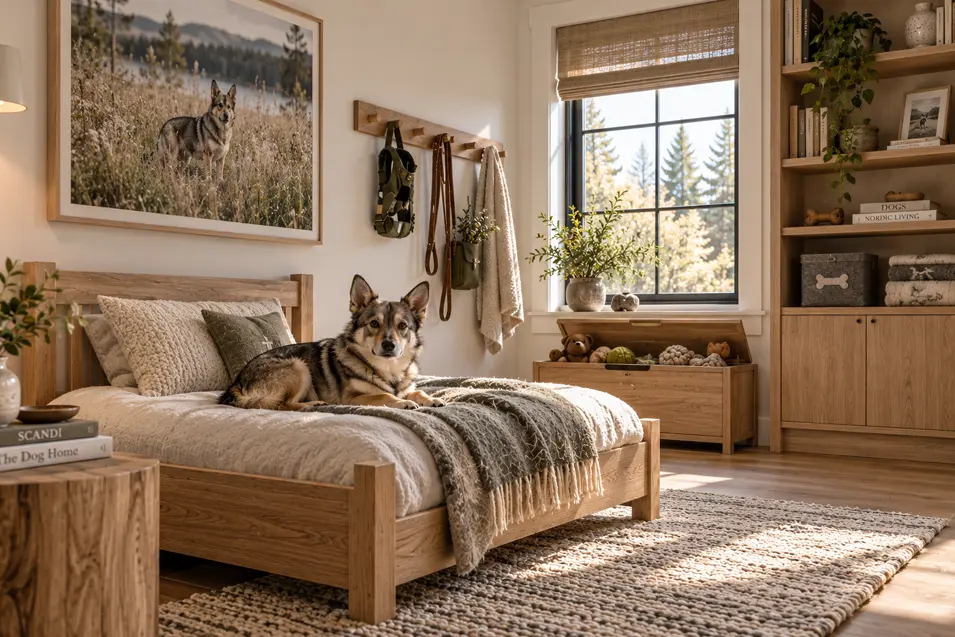 A bright Scandinavian-inspired dog bedroom with natural oak furniture, cozy woven textures, organized pet storage and a Swedish Vallhund on the bed.
