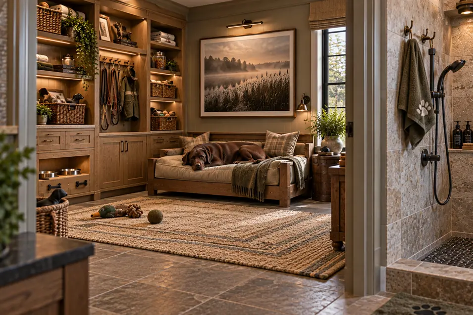 A beautifully organized dog room with custom wood storage, cozy daybed, built-in feeding station and a tiled dog shower beside a resting Labrador.