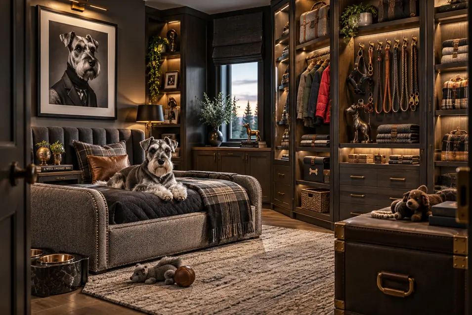 A luxurious dog dressing room with dark cabinetry, tailored canine clothing, organized leashes, warm lighting and a Miniature Schnauzer on the bed.