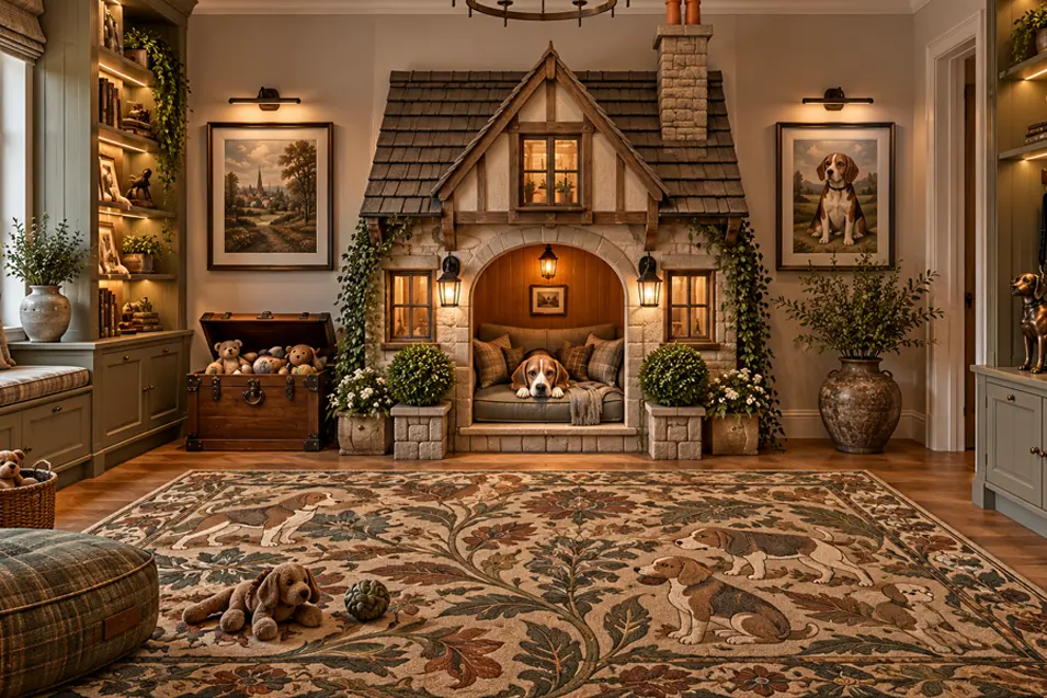 A charming English country dog room with a cottage-style bed, traditional cabinetry, whimsical canine rug and a Beagle relaxing in its cozy retreat.