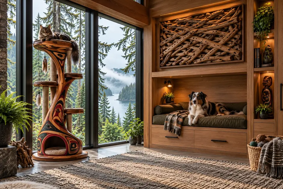 A West Coast-inspired pet room with forest views, a carved cat tree, cozy built-in dog bed, driftwood art and warm natural wood.