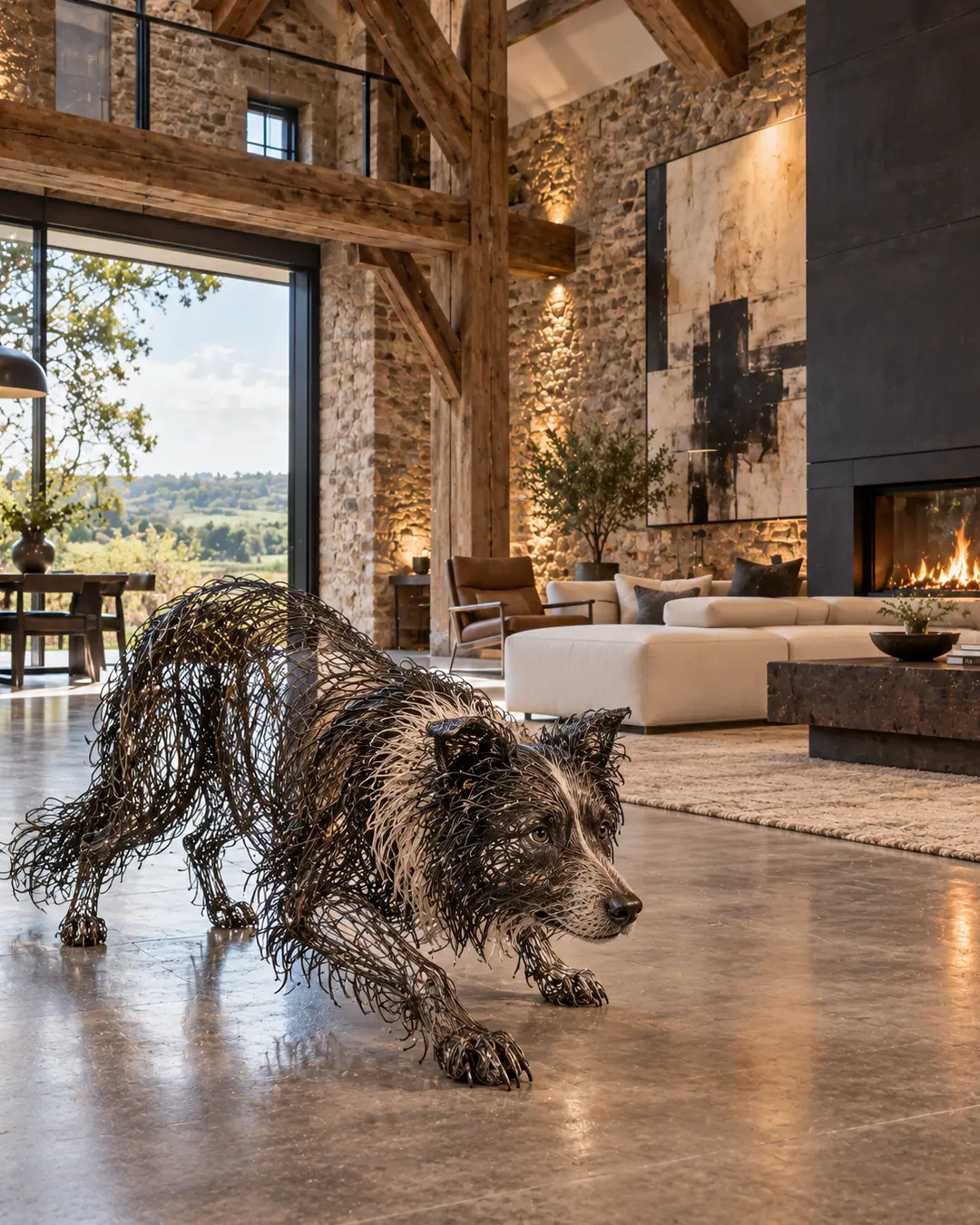 A life-sized wire sculpture captures a Border Collie crouched in its classic working stance, bringing movement and energy into a spectacular stone-and-timber country home.