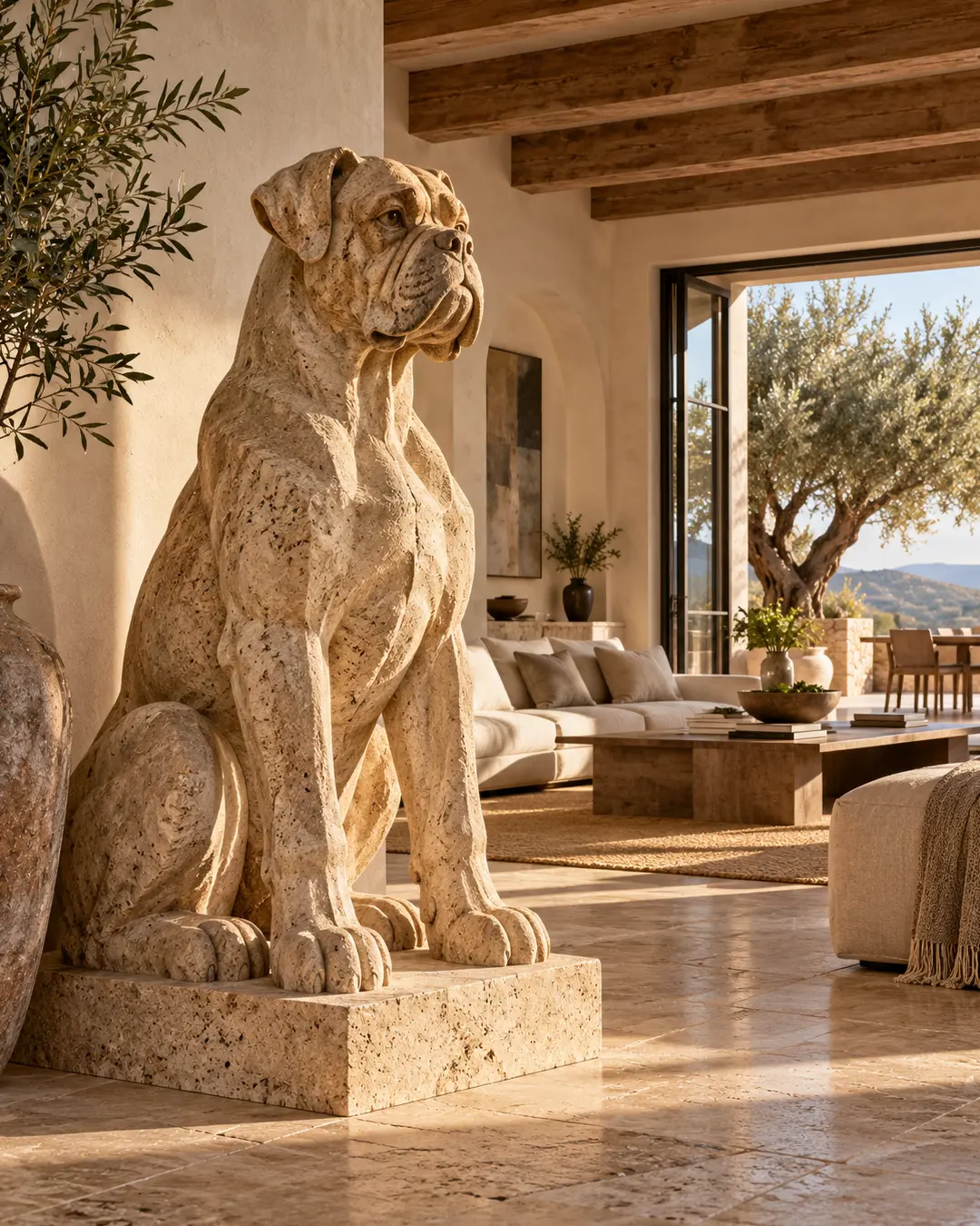 A monumental carved stone Boxer sculpture brings strength and character to a luxurious Mediterranean-inspired home filled with warm natural materials.