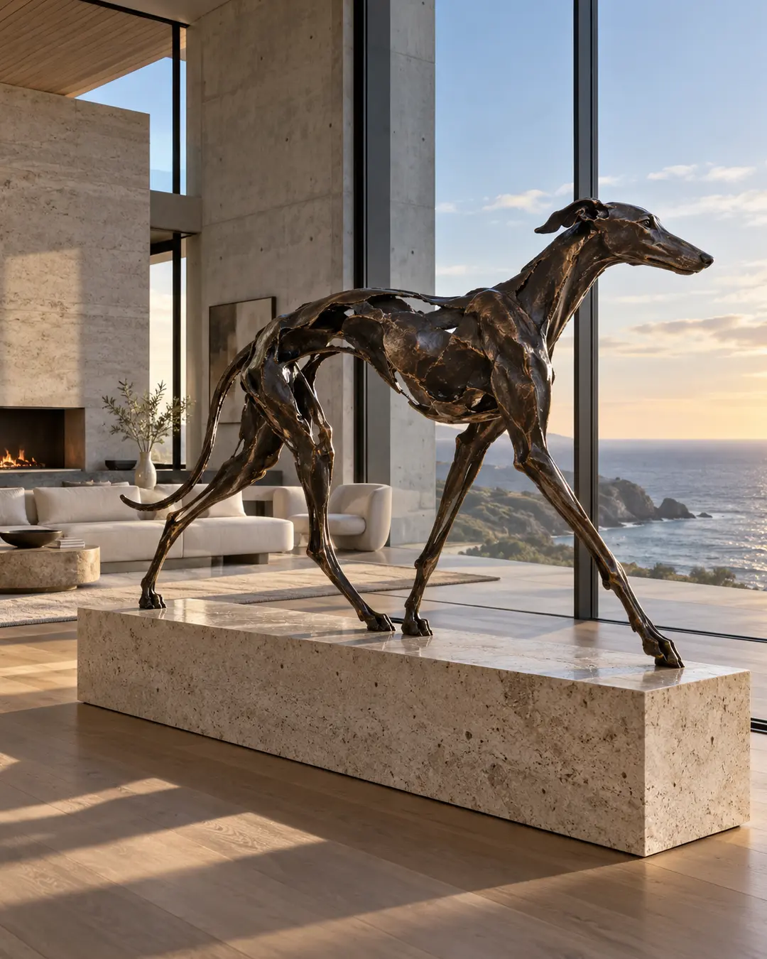 A dramatic bronze Greyhound sculpture commands a luxurious modern coastal home, framed by soaring windows, natural stone and sweeping ocean views.