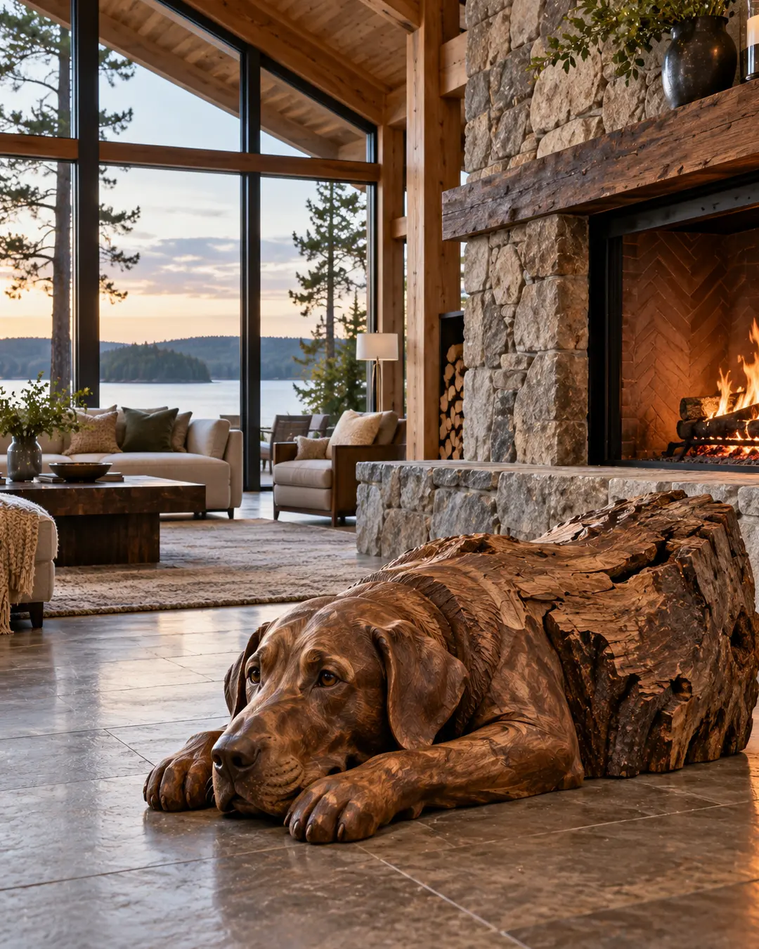 A beautifully carved wooden dog sculpture rests beside the fireplace in a luxurious lakeside home filled with timber, stone and warm natural textures.