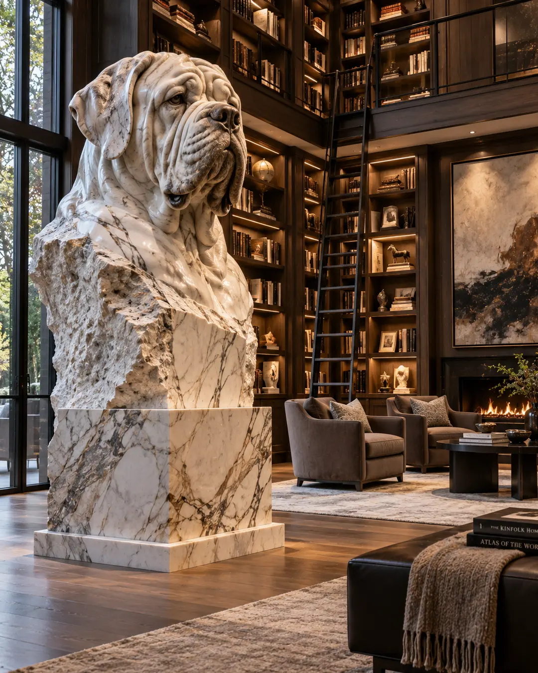A monumental marble Mastiff bust commands a dramatic double-height library, surrounded by dark wood, towering bookshelves and warm architectural lighting.