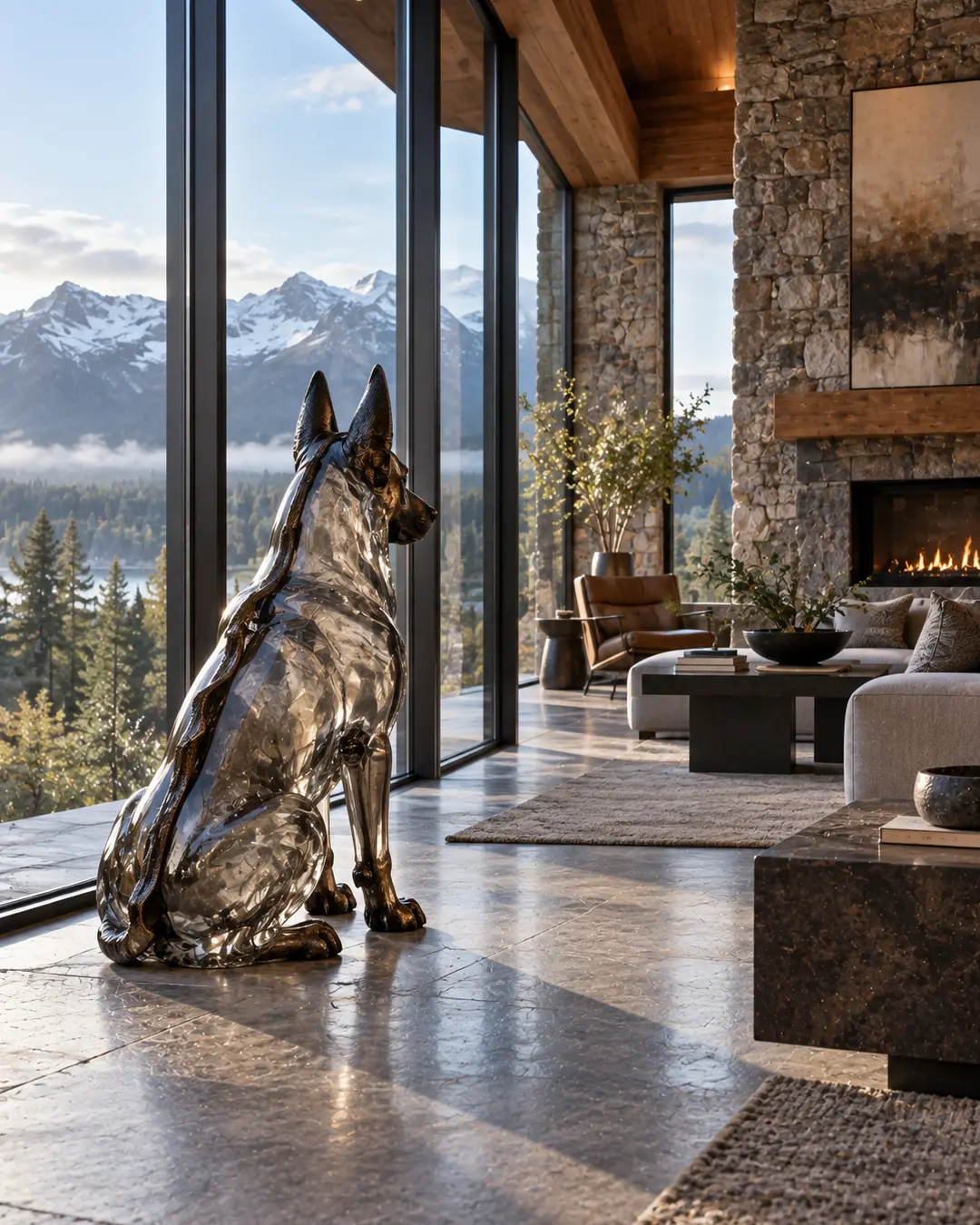 A monumental polished-metal German Shepherd sculpture sits watchfully beside soaring windows in a luxurious mountain home overlooking the Rockies.