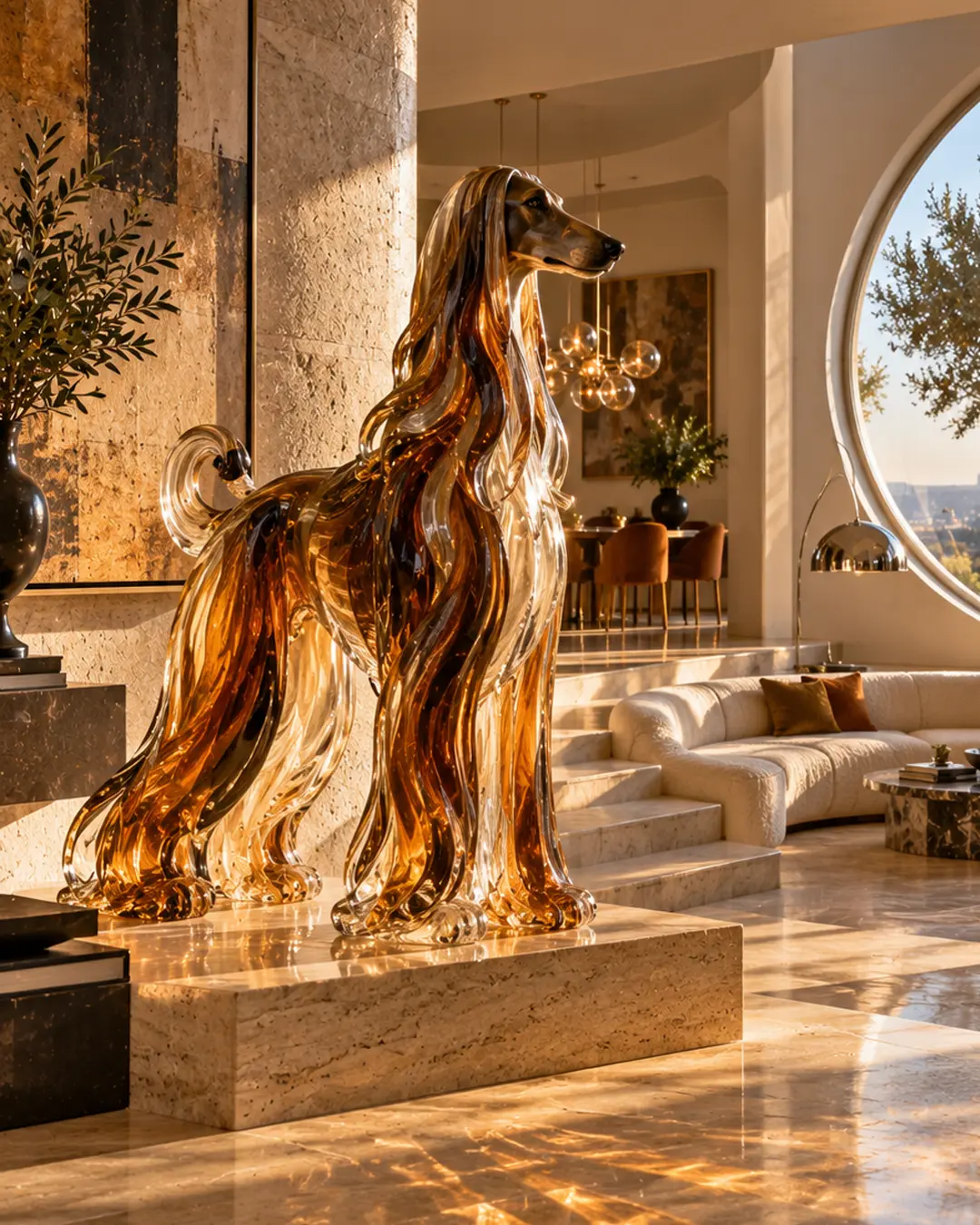 A luminous glass Afghan Hound sculpture glows in a luxurious contemporary interior, surrounded by warm stone, sculptural furniture and sunset light.