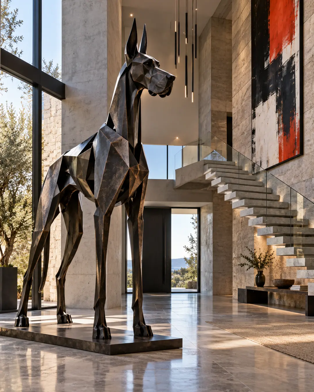 A towering geometric Great Dane sculpture commands a dramatic modern foyer with soaring stone walls, floating stairs and bold contemporary art.