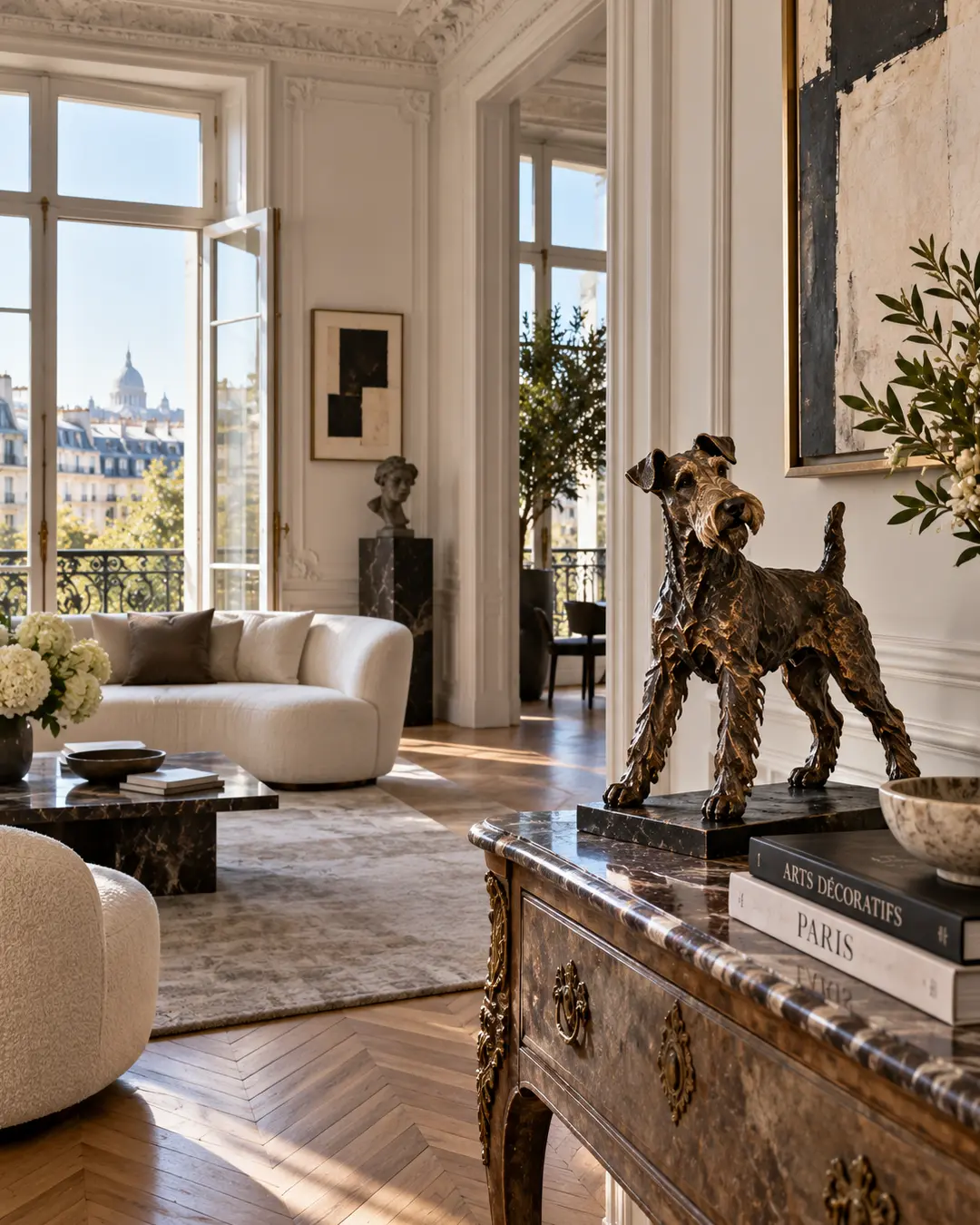 A bronze terrier sculpture brings playful character to an elegant Parisian apartment filled with classical architecture and contemporary design.