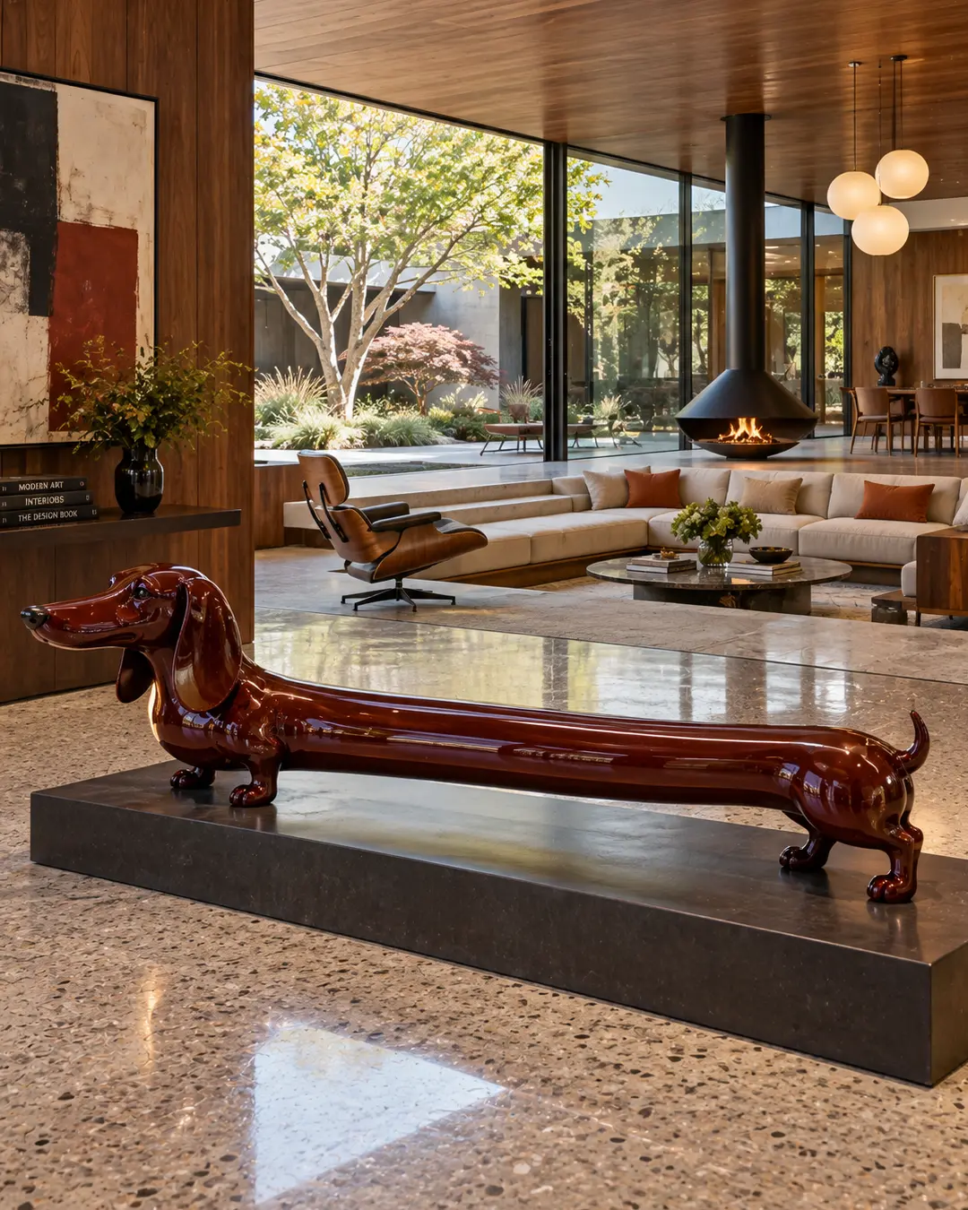 A playful, elongated Dachshund sculpture in glossy deep-red lacquer adds wit and personality to a sophisticated mid-century modern home.