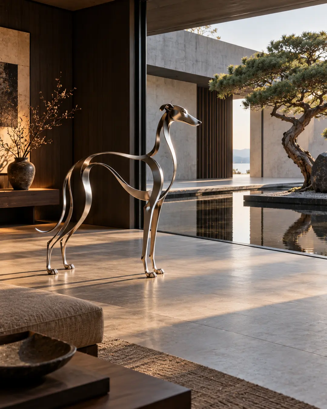 An elegant abstract metal Greyhound sculpture complements a serene Japanese-inspired modern home with reflecting water, stone and sculptural landscaping.