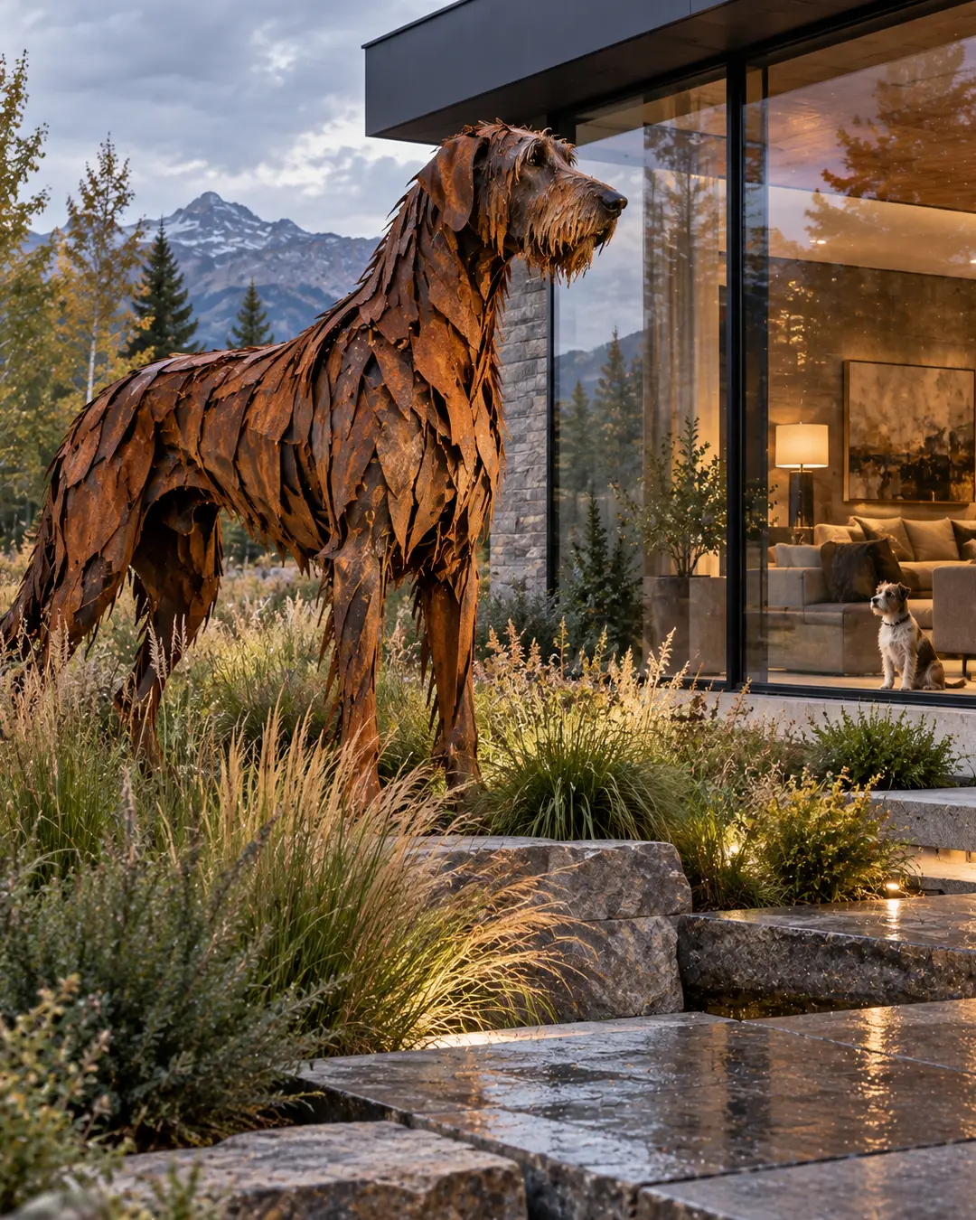 A towering Corten steel Irish Wolfhound sculpture rises from a contemporary mountain garden while a much smaller real dog watches curiously from inside.