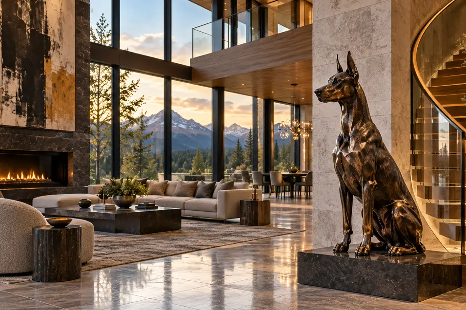 A monumental bronze Doberman sculpture stands beside a sweeping staircase in a spectacular contemporary mountain home at sunset.