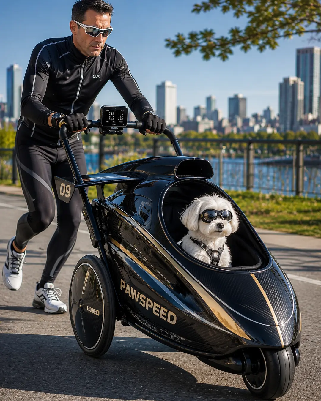 A Maltese in goggles rides in a sleek carbon-fiber racing stroller as its athletic owner pushes along a waterfront path.