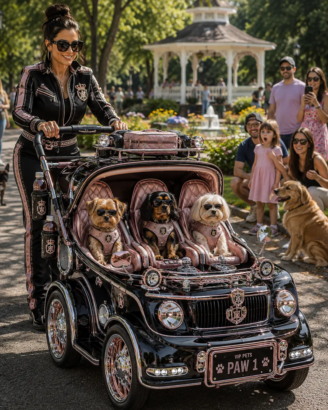 Three pampered dogs in sunglasses ride in an extravagant black-and-pink VIP stroller while their stylish owner pushes through the park.
