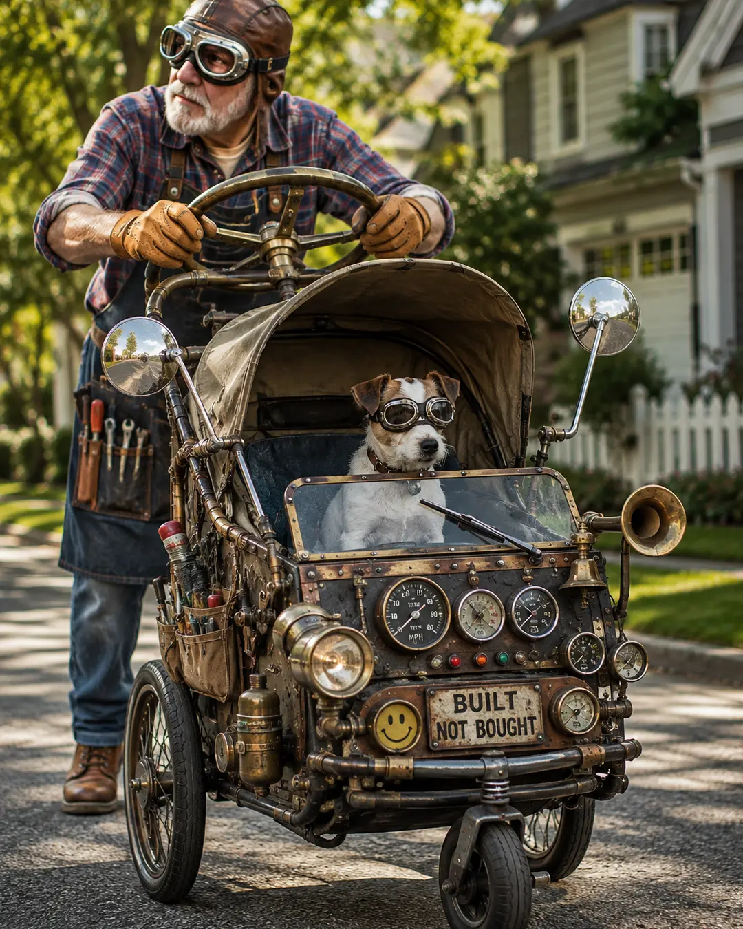 A goggle-wearing terrier rides in a wildly homemade stroller packed with gauges, mirrors, pipes and a giant steering wheel.