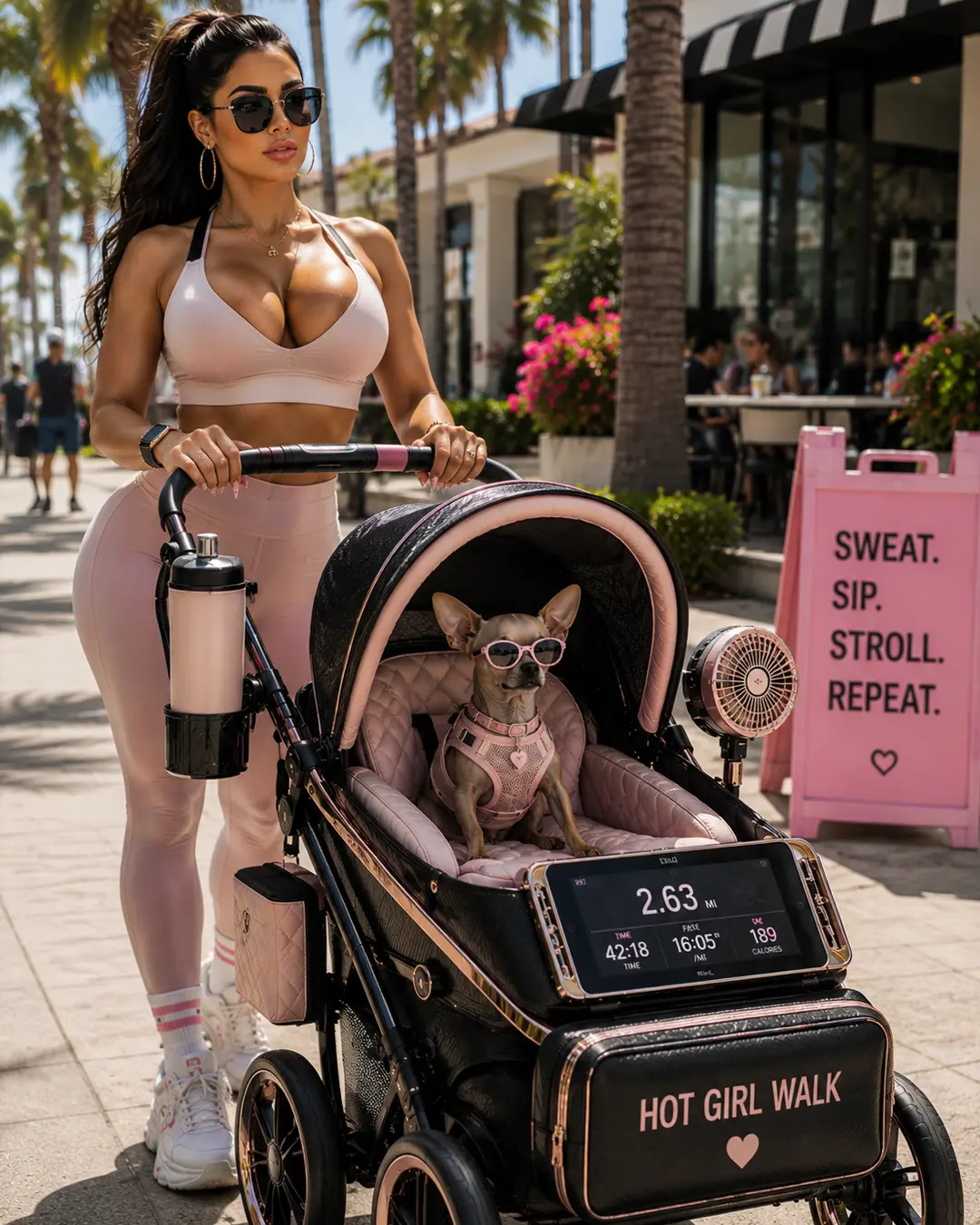 A glamorous woman in pink athleisure pushes a tiny Chihuahua in a lavish “Hot Girl Walk” stroller complete with fan and fitness display.