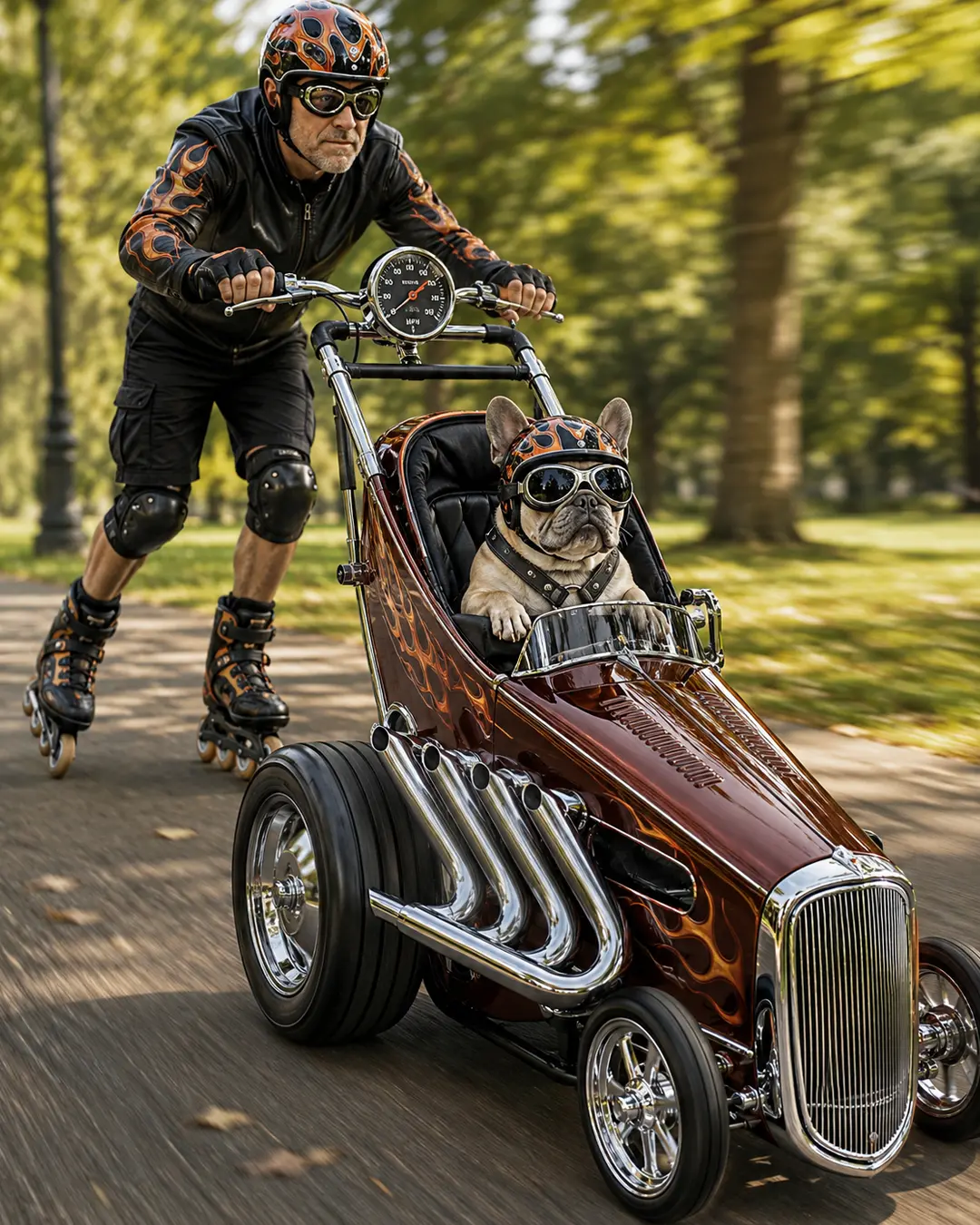 A French Bulldog in goggles rides in a hot rod-inspired stroller while his helmeted owner races behind on rollerblades.