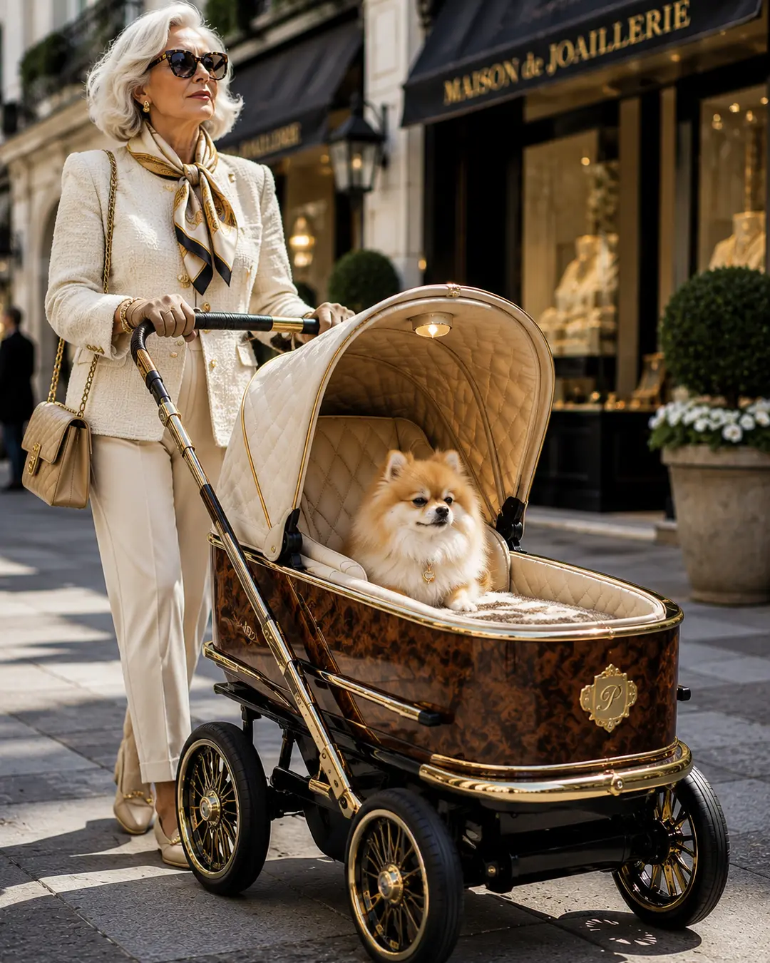 An elegant woman strolls past luxury boutiques with a Pomeranian riding in an extravagant quilted, gold-trimmed dog carriage.