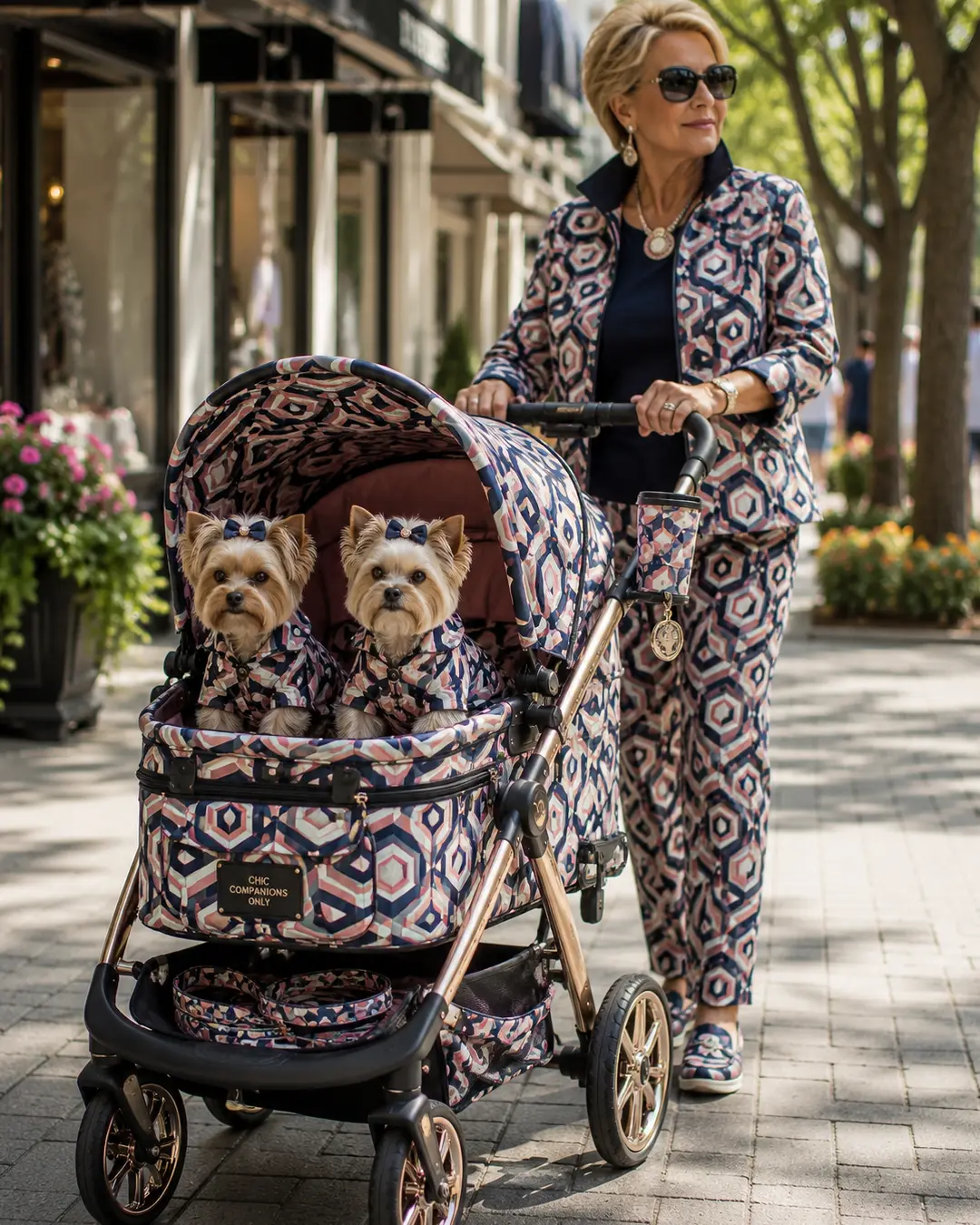Two matching Yorkshire Terriers ride in a patterned stroller while their stylish owner wears an outfit coordinated perfectly with them.