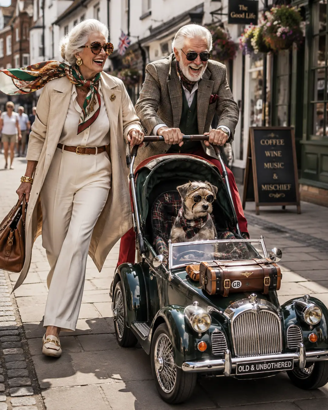 A stylish older couple laughs through town while their goggle-wearing terrier rides in a classic British sports car-inspired stroller.