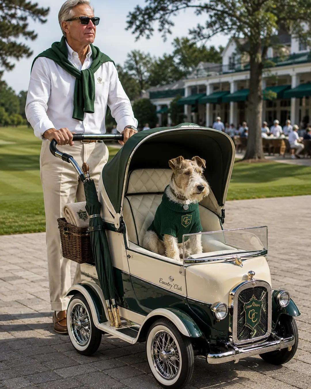 A stylish terrier rides in a country club-inspired vintage stroller while its sharply dressed owner pushes across the grounds.