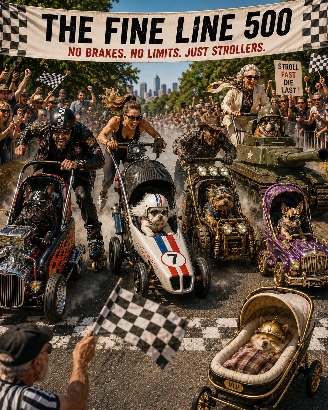 Dogs race wildly customized strollers toward the finish line as cheering crowds turn “The Fine Line 500” into absolute chaos.