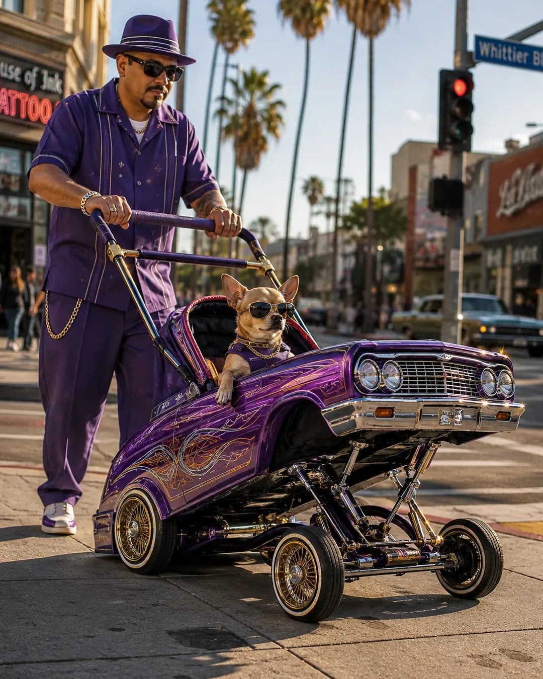 A stylish Chihuahua in sunglasses cruises in a purple lowrider-inspired stroller while his equally coordinated owner pushes from behind.