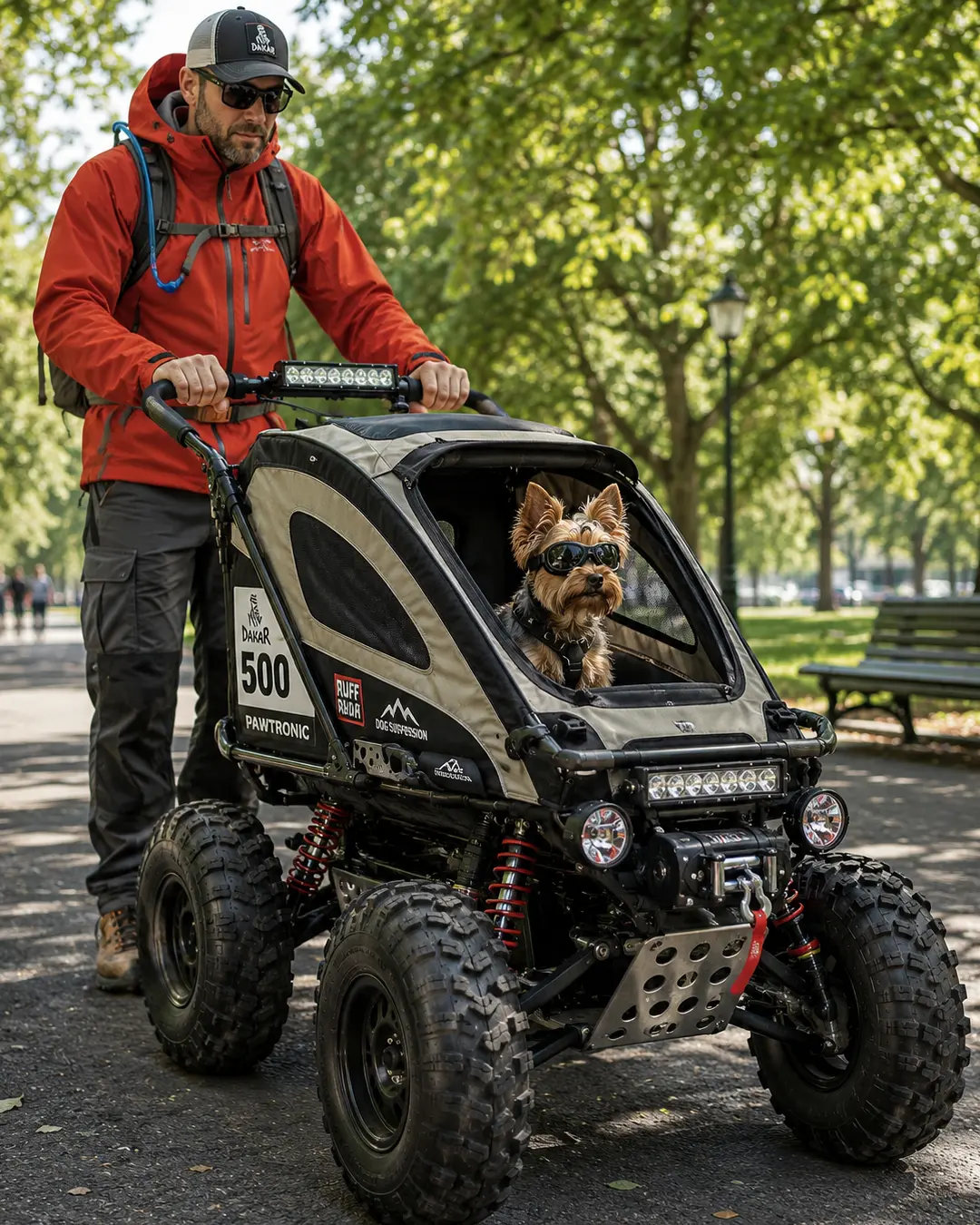 A Yorkshire Terrier in sunglasses rides in a rugged off-road dog stroller with oversized tires, lights and suspension.