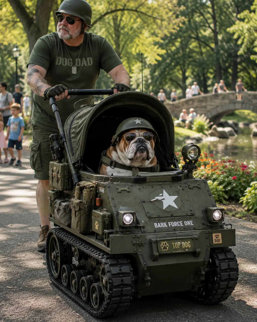 A helmeted English Bulldog rides proudly in a tank-inspired stroller with rubber tracks while his equally committed owner pushes behind.