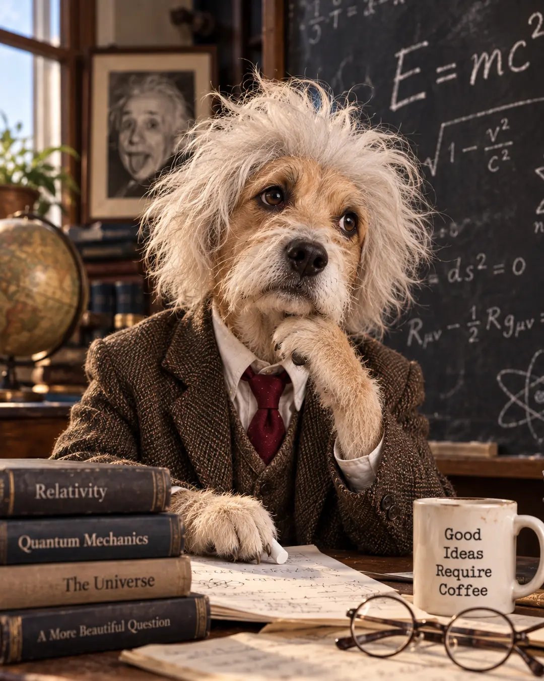 Albert Einstein-inspired dog sits deep in thought with wild white hair, surrounded by physics equations, books and handwritten notes.
