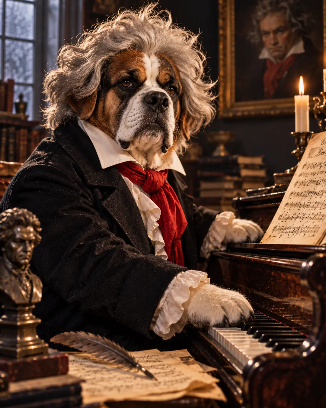 Beethoven-inspired dog sits at the piano with wild white hair, period clothing and sheet music, capturing the intensity of the legendary composer.